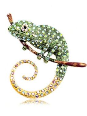 Green Crystal Chameleon Brooch with Gold-Tone Tail
